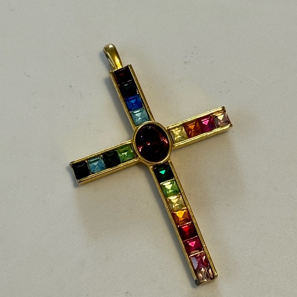 Multicolor Gemstone Gold Cross Pendant - Picture 6 of 7